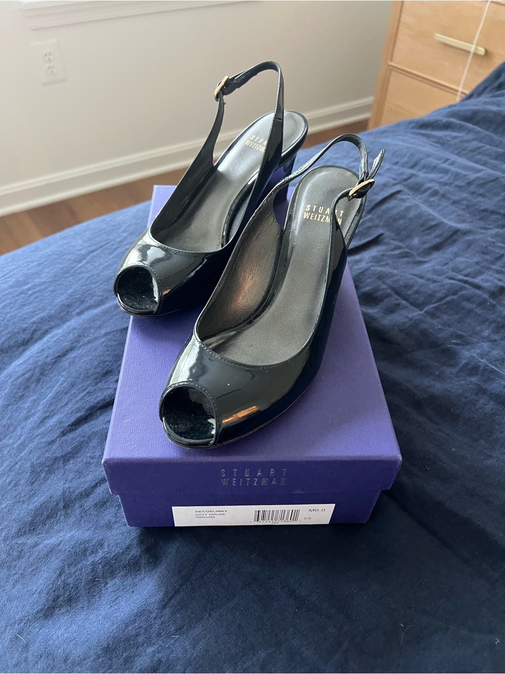 Stuart Weitzman Navy Patent Leather Peep-Toe Slingback Pumps